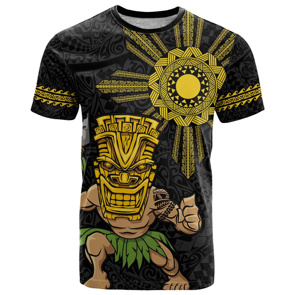 Hawaii and Philippines Together T Shirt Warrior Tiki Mask and Filipino Sun Polynesian Style LT03 Black - Polynesian Pride