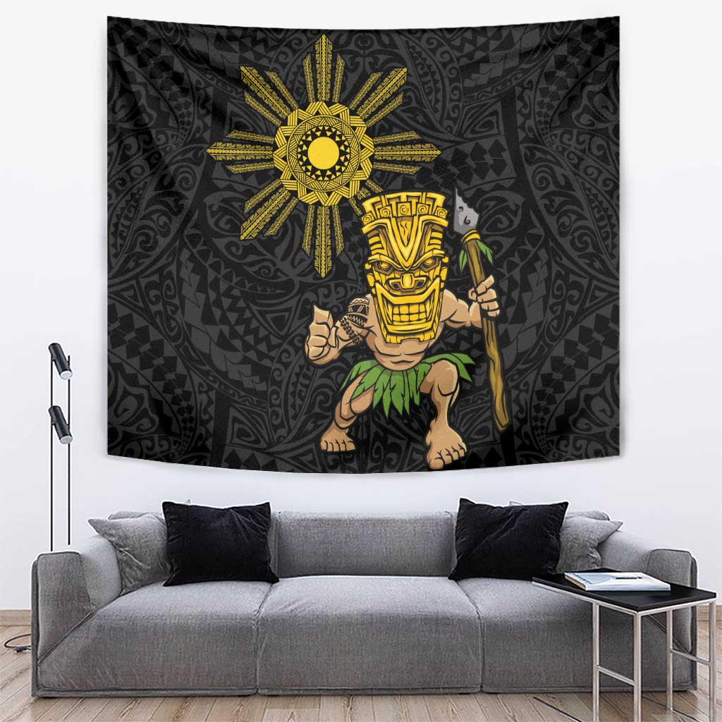 Hawaii and Philippines Together Tapestry Warrior Tiki Mask and Filipino Sun Polynesian Style LT03 Black - Polynesian Pride