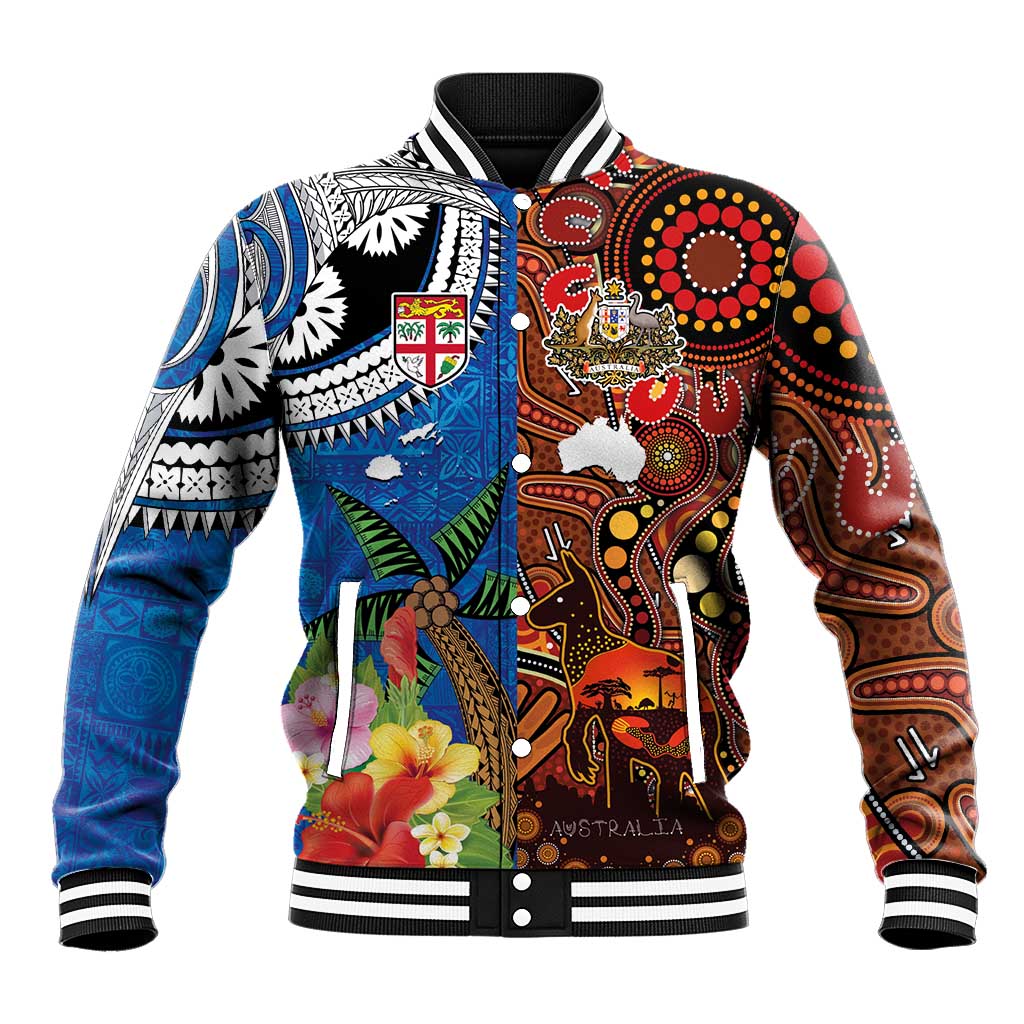 Fiji and Australia Together Baseball Jacket Fijian Tapa Plants with Kangaroo and Aboriginal LT03 Unisex Black - Polynesian Pride