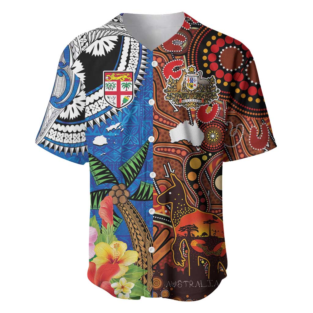 Fiji and Australia Together Baseball Jersey Fijian Tapa Plants with Kangaroo and Aboriginal LT03 Black - Polynesian Pride