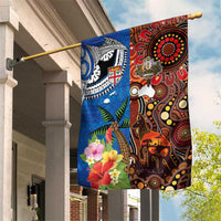 Fiji and Australia Together Garden Flag Fijian Tapa Plants with Kangaroo and Aboriginal LT03 House Flag Black - Polynesian Pride