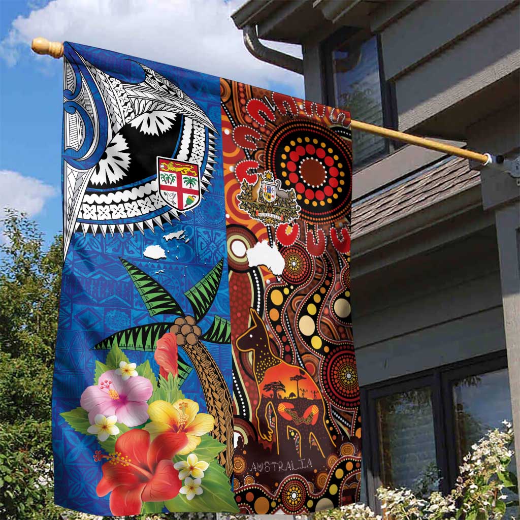 Fiji and Australia Together Garden Flag Fijian Tapa Plants with Kangaroo and Aboriginal LT03 - Polynesian Pride