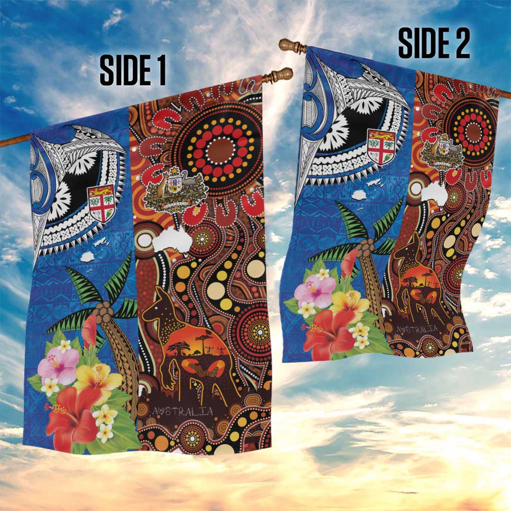 Fiji and Australia Together Garden Flag Fijian Tapa Plants with Kangaroo and Aboriginal LT03 - Polynesian Pride