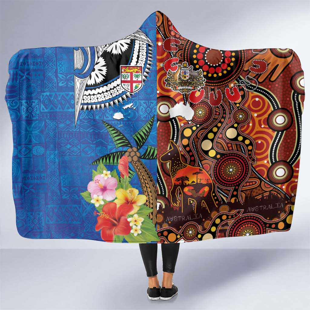 Fiji and Australia Together Hooded Blanket Fijian Tapa Plants with Kangaroo and Aboriginal LT03 One Size Black - Polynesian Pride