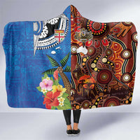 Fiji and Australia Together Hooded Blanket Fijian Tapa Plants with Kangaroo and Aboriginal LT03 One Size Black - Polynesian Pride