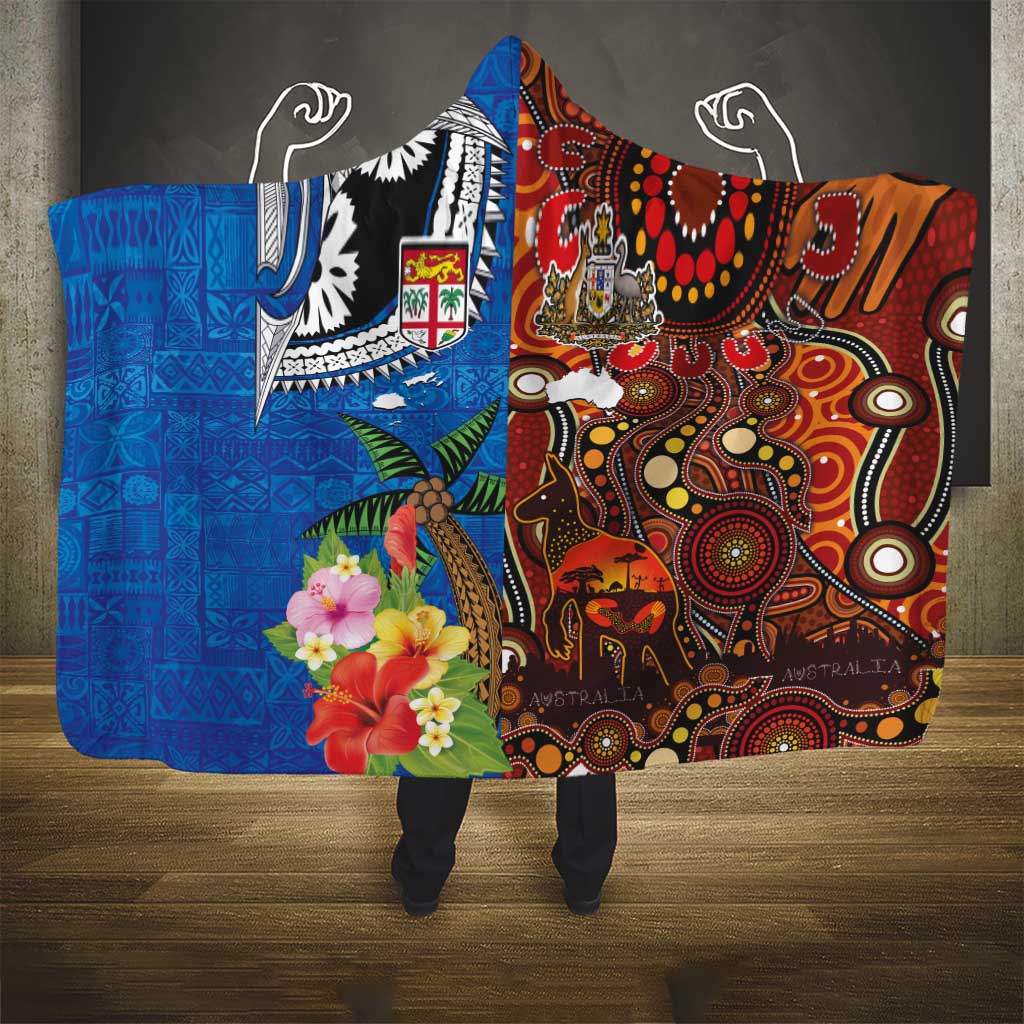 Fiji and Australia Together Hooded Blanket Fijian Tapa Plants with Kangaroo and Aboriginal LT03 - Polynesian Pride