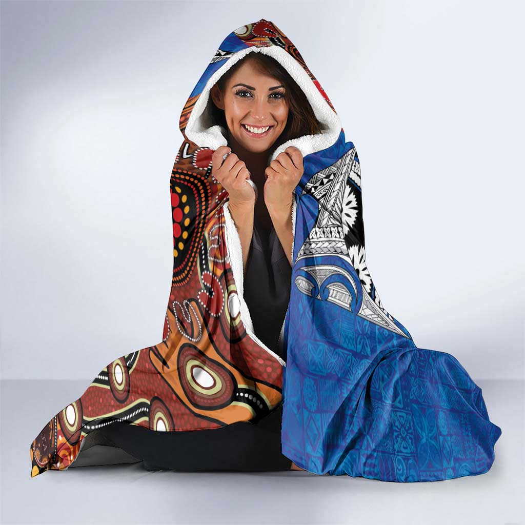 Fiji and Australia Together Hooded Blanket Fijian Tapa Plants with Kangaroo and Aboriginal LT03 - Polynesian Pride