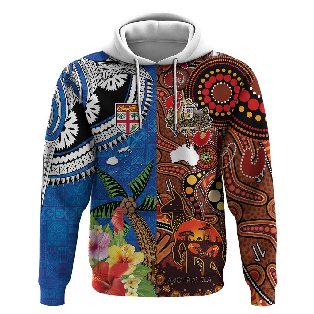 Fiji and Australia Together Hoodie Fijian Tapa Plants with Kangaroo and Aboriginal LT03 Pullover Hoodie Black - Polynesian Pride
