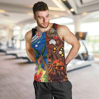 Fiji and Australia Together Men Tank Top Fijian Tapa Plants with Kangaroo and Aboriginal LT03 Black - Polynesian Pride