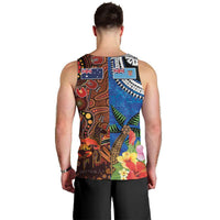 Fiji and Australia Together Men Tank Top Fijian Tapa Plants with Kangaroo and Aboriginal LT03 - Polynesian Pride