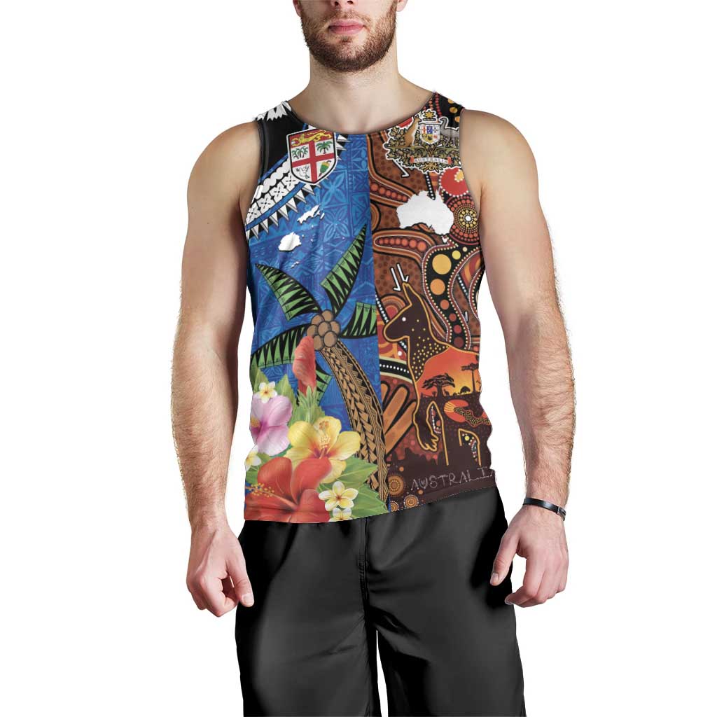 Fiji and Australia Together Men Tank Top Fijian Tapa Plants with Kangaroo and Aboriginal LT03 - Polynesian Pride
