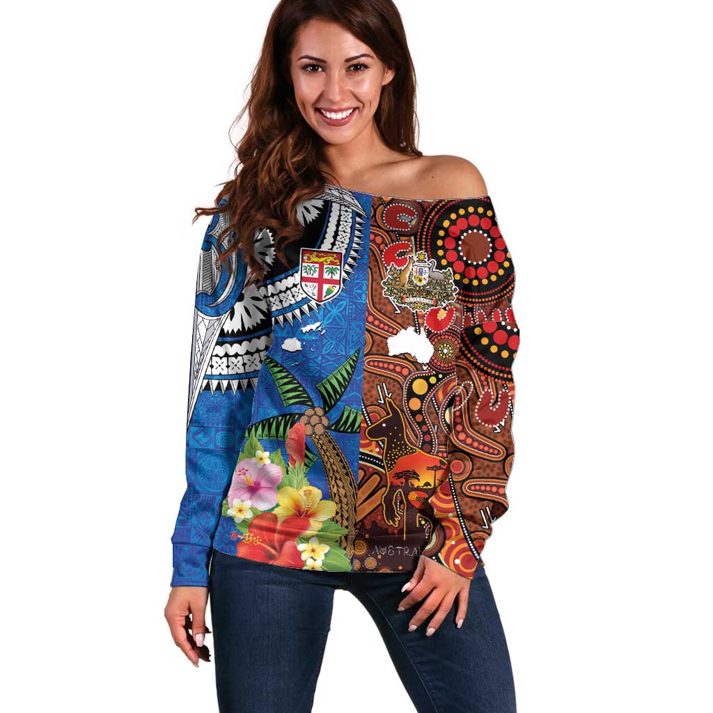 Fiji and Australia Together Off Shoulder Sweater Fijian Tapa Plants with Kangaroo and Aboriginal LT03 Women Black - Polynesian Pride