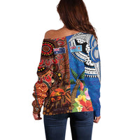Fiji and Australia Together Off Shoulder Sweater Fijian Tapa Plants with Kangaroo and Aboriginal LT03 - Polynesian Pride