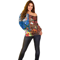 Fiji and Australia Together Off Shoulder Sweater Fijian Tapa Plants with Kangaroo and Aboriginal LT03 - Polynesian Pride