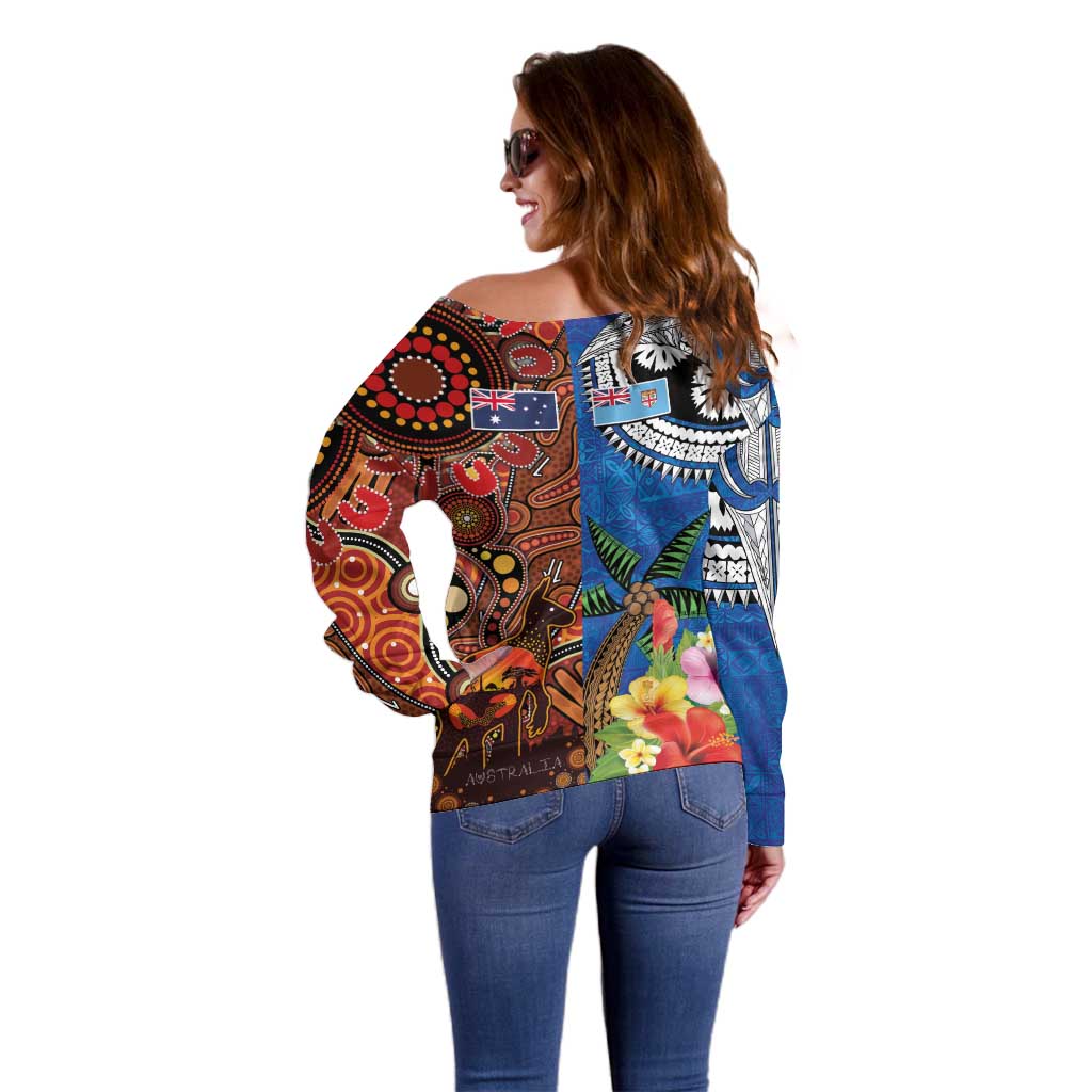 Fiji and Australia Together Off Shoulder Sweater Fijian Tapa Plants with Kangaroo and Aboriginal LT03 - Polynesian Pride