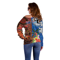 Fiji and Australia Together Off Shoulder Sweater Fijian Tapa Plants with Kangaroo and Aboriginal LT03 - Polynesian Pride