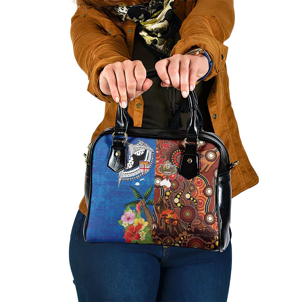 Fiji and Australia Together Shoulder Handbag Fijian Tapa Plants with Kangaroo and Aboriginal LT03 One Size Black - Polynesian Pride