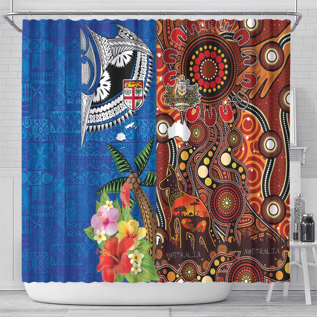 Fiji and Australia Together Shower Curtain Fijian Tapa Plants with Kangaroo and Aboriginal LT03 - Polynesian Pride