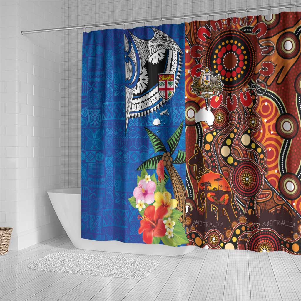 Fiji and Australia Together Shower Curtain Fijian Tapa Plants with Kangaroo and Aboriginal LT03 - Polynesian Pride