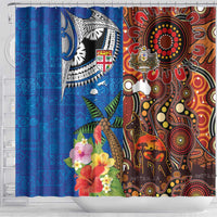 Fiji and Australia Together Shower Curtain Fijian Tapa Plants with Kangaroo and Aboriginal LT03 - Polynesian Pride