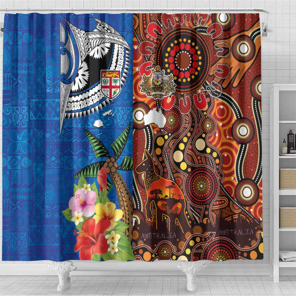 Fiji and Australia Together Shower Curtain Fijian Tapa Plants with Kangaroo and Aboriginal LT03 - Polynesian Pride