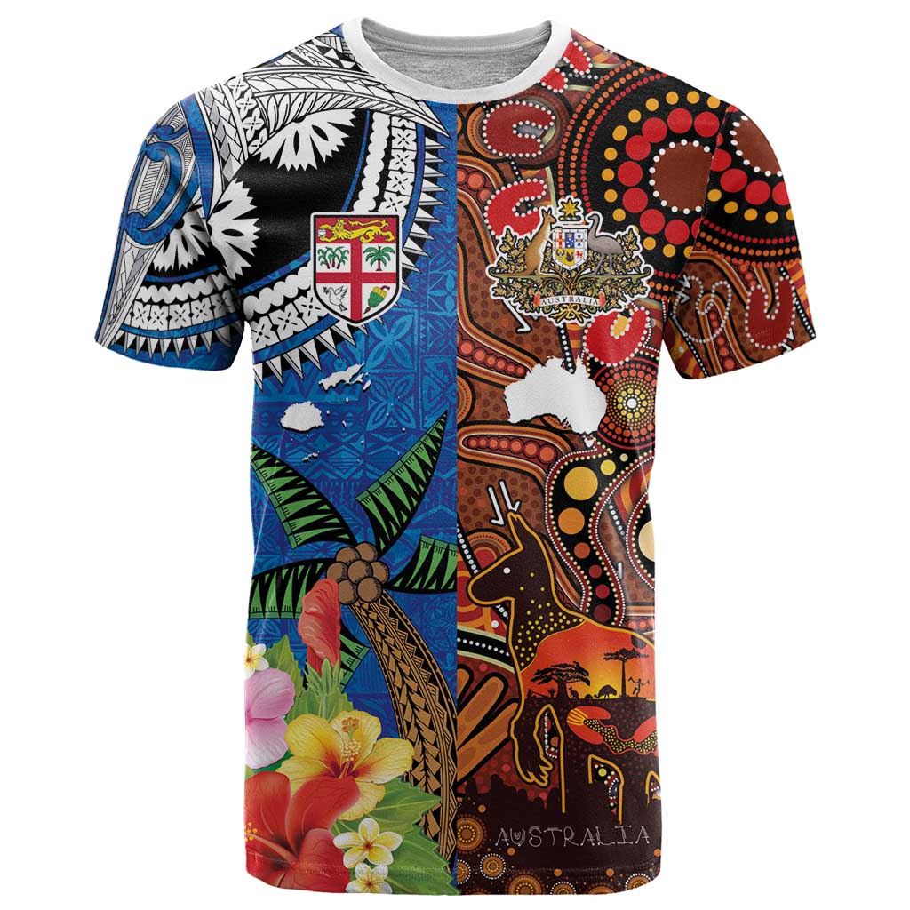 Fiji and Australia Together T Shirt Fijian Tapa Plants with Kangaroo and Aboriginal LT03 Black - Polynesian Pride
