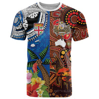 Fiji and Australia Together T Shirt Fijian Tapa Plants with Kangaroo and Aboriginal LT03 Black - Polynesian Pride