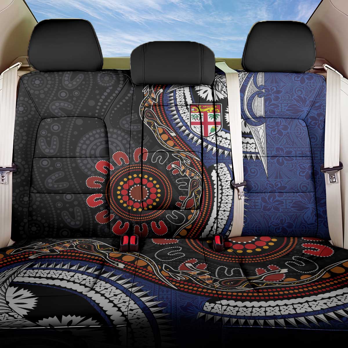 Fiji and Australia Together Back Car Seat Cover Kangaroo Aboriginal with Tribal Tapa Hibiscus Half Style LT03 One Size Black - Polynesian Pride