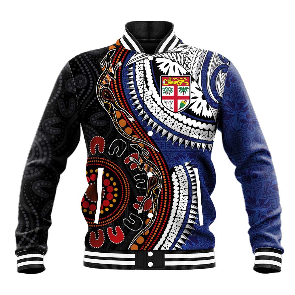 Fiji and Australia Together Baseball Jacket Kangaroo Aboriginal with Tribal Tapa Hibiscus Half Style LT03 Unisex Black - Polynesian Pride