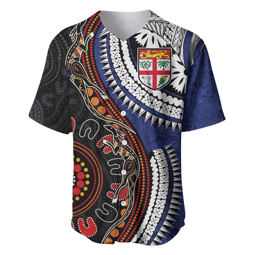 Fiji and Australia Together Baseball Jersey Kangaroo Aboriginal with Tribal Tapa Hibiscus Half Style LT03 Black - Polynesian Pride