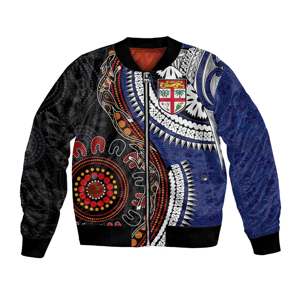 Fiji and Australia Together Bomber Jacket Kangaroo Aboriginal with Tribal Tapa Hibiscus Half Style LT03 Unisex Black - Polynesian Pride