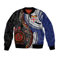 Fiji and Australia Together Bomber Jacket Kangaroo Aboriginal with Tribal Tapa Hibiscus Half Style LT03 Unisex Black - Polynesian Pride