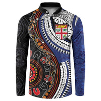 Fiji and Australia Together Button Sweatshirt Kangaroo Aboriginal with Tribal Tapa Hibiscus Half Style LT03 Black - Polynesian Pride