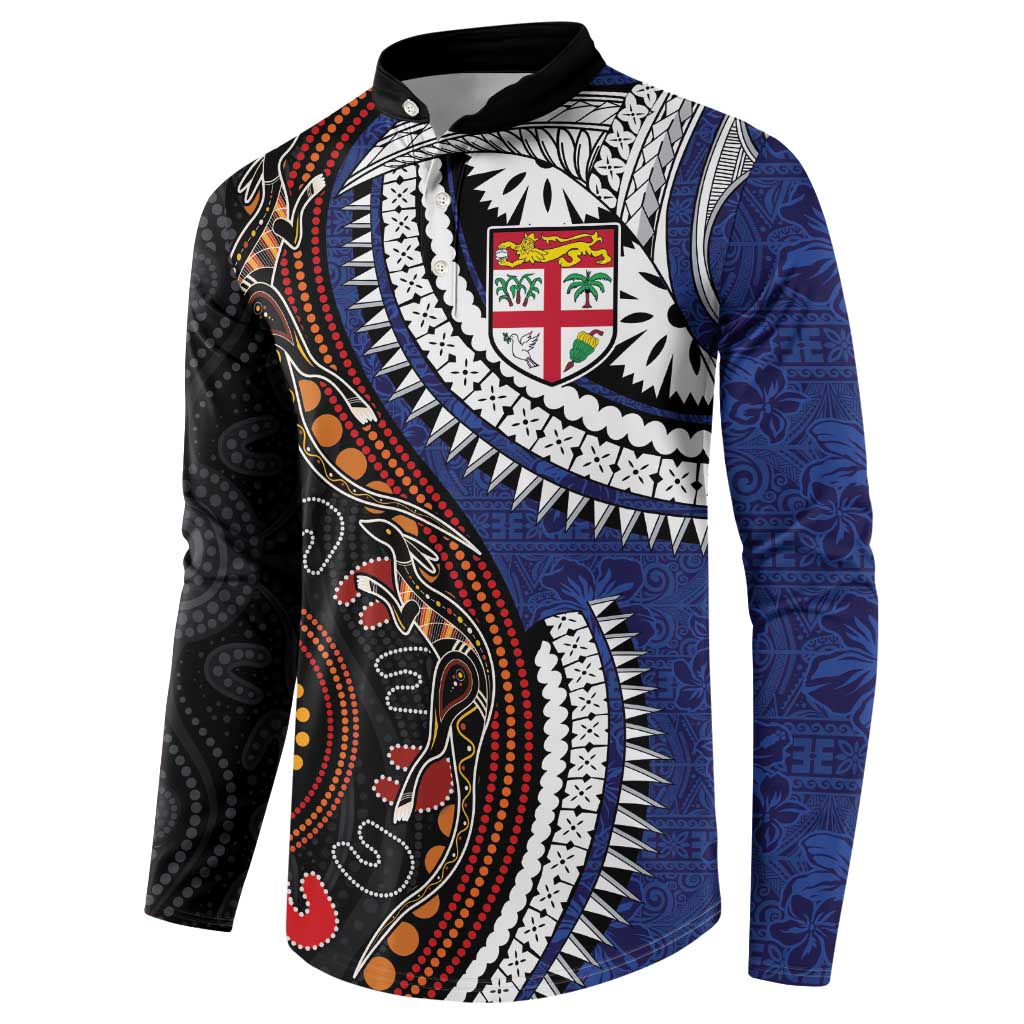Fiji and Australia Together Button Sweatshirt Kangaroo Aboriginal with Tribal Tapa Hibiscus Half Style LT03 - Polynesian Pride