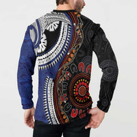 Fiji and Australia Together Button Sweatshirt Kangaroo Aboriginal with Tribal Tapa Hibiscus Half Style LT03 - Polynesian Pride
