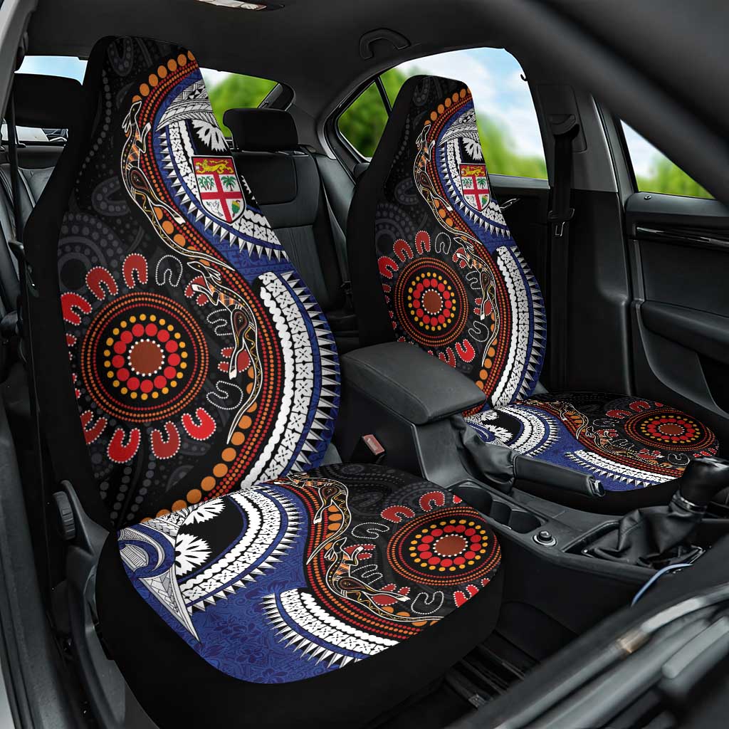 Fiji and Australia Together Car Seat Cover Kangaroo Aboriginal with Tribal Tapa Hibiscus Half Style LT03 One Size Black - Polynesian Pride