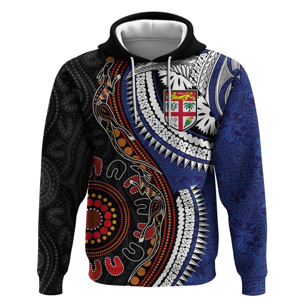 Fiji and Australia Together Hoodie Kangaroo Aboriginal with Tribal Tapa Hibiscus Half Style LT03 Pullover Hoodie Black - Polynesian Pride