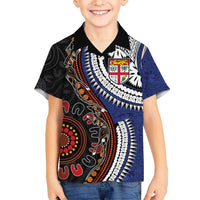 Fiji and Australia Together Kid Hawaiian Shirt Kangaroo Aboriginal with Tribal Tapa Hibiscus Half Style LT03 Kid Black - Polynesian Pride
