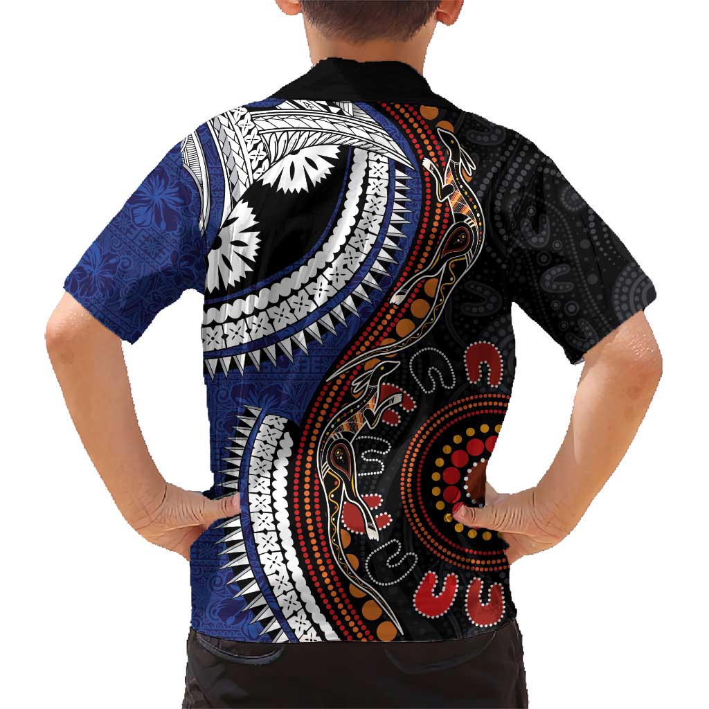 Fiji and Australia Together Kid Hawaiian Shirt Kangaroo Aboriginal with Tribal Tapa Hibiscus Half Style LT03 - Polynesian Pride