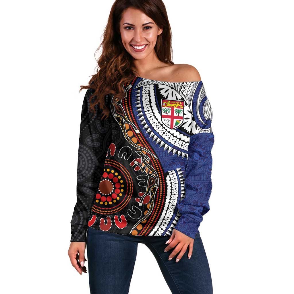 Fiji and Australia Together Off Shoulder Sweater Kangaroo Aboriginal with Tribal Tapa Hibiscus Half Style LT03 Women Black - Polynesian Pride
