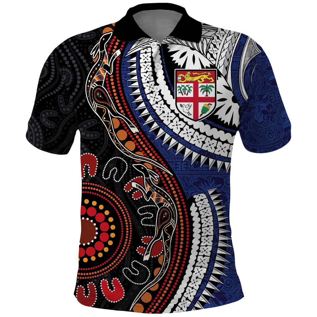 Fiji and Australia Together Polo Shirt Kangaroo Aboriginal with Tribal Tapa Hibiscus Half Style LT03 Black - Polynesian Pride