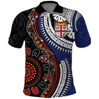 Fiji and Australia Together Polo Shirt Kangaroo Aboriginal with Tribal Tapa Hibiscus Half Style LT03 Black - Polynesian Pride