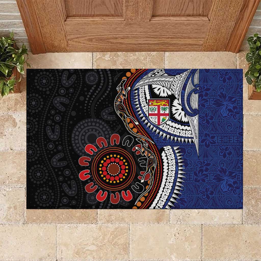 Fiji and Australia Together Rubber Doormat Kangaroo Aboriginal with Tribal Tapa Hibiscus Half Style LT03 Black - Polynesian Pride