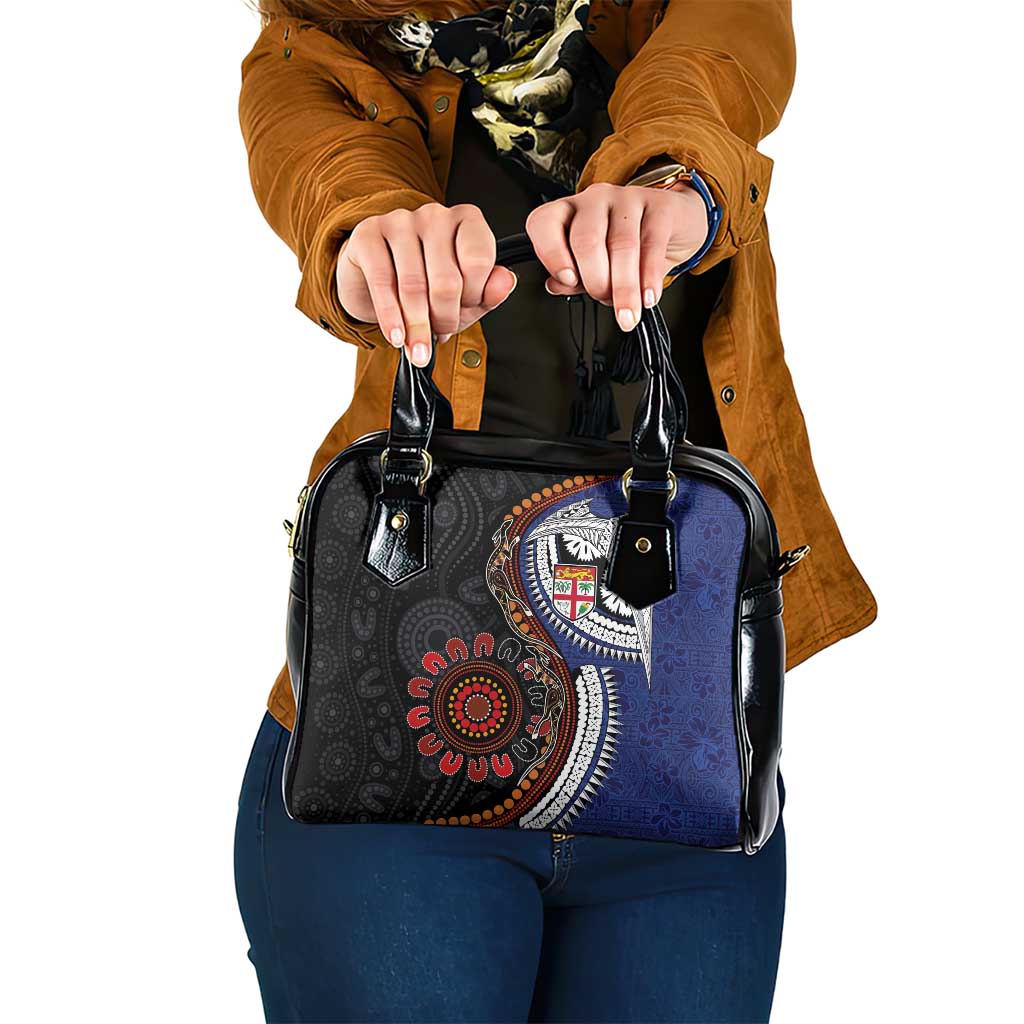 Fiji and Australia Together Shoulder Handbag Kangaroo Aboriginal with Tribal Tapa Hibiscus Half Style LT03 One Size Black - Polynesian Pride