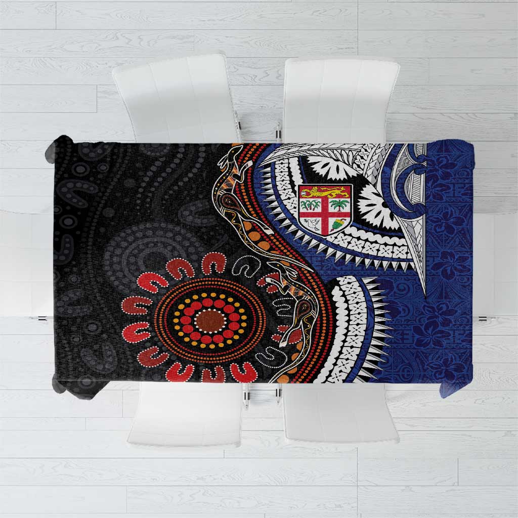 Fiji and Australia Together Tablecloth Kangaroo Aboriginal with Tribal Tapa Hibiscus Half Style LT03 Black - Polynesian Pride