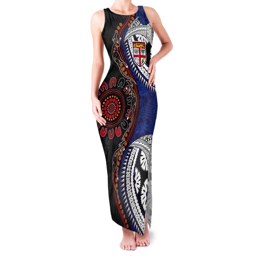 Fiji and Australia Together Tank Maxi Dress Kangaroo Aboriginal with Tribal Tapa Hibiscus Half Style LT03 Women Black - Polynesian Pride