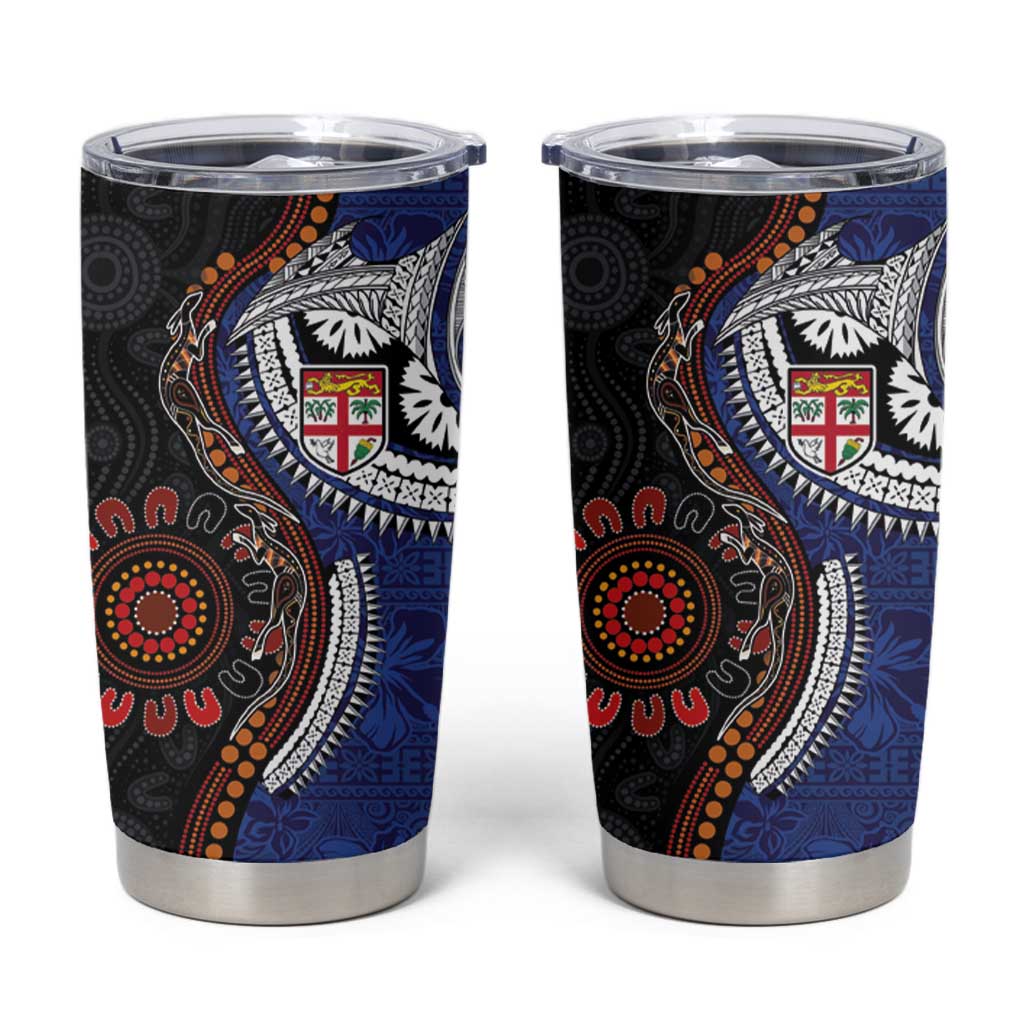 Fiji and Australia Together Tumbler Cup Kangaroo Aboriginal with Tribal Tapa Hibiscus Half Style LT03 Black - Polynesian Pride