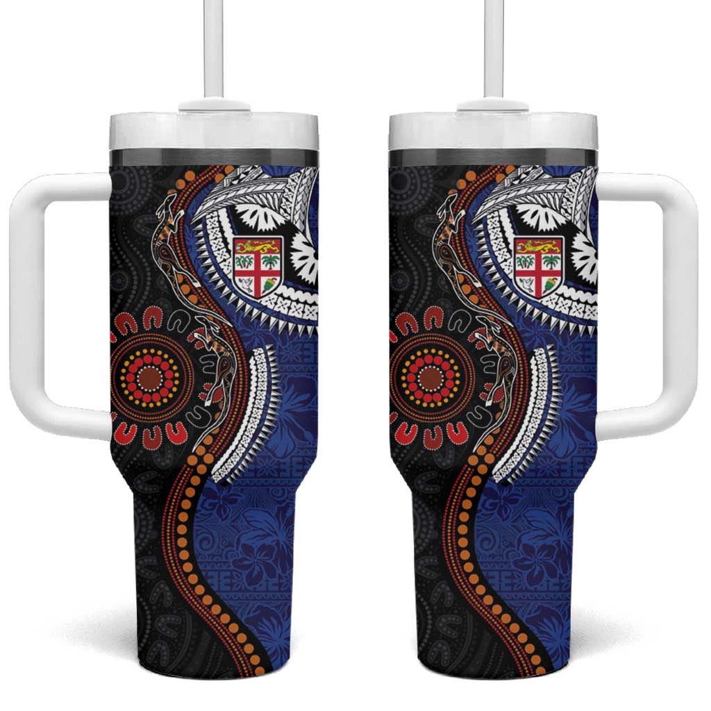 Fiji and Australia Together Tumbler With Handle Kangaroo Aboriginal with Tribal Tapa Hibiscus Half Style LT03 One Size: 40 oz Black - Polynesian Pride