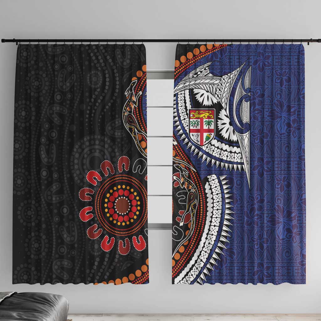 Fiji and Australia Together Window Curtain Kangaroo Aboriginal with Tribal Tapa Hibiscus Half Style LT03 With Hooks Black - Polynesian Pride