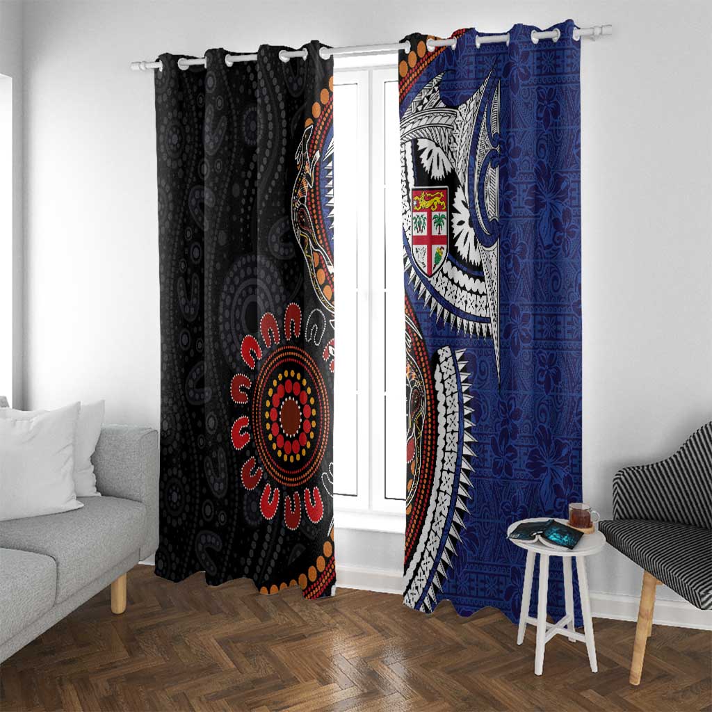 Fiji and Australia Together Window Curtain Kangaroo Aboriginal with Tribal Tapa Hibiscus Half Style LT03 With Grommets Black - Polynesian Pride